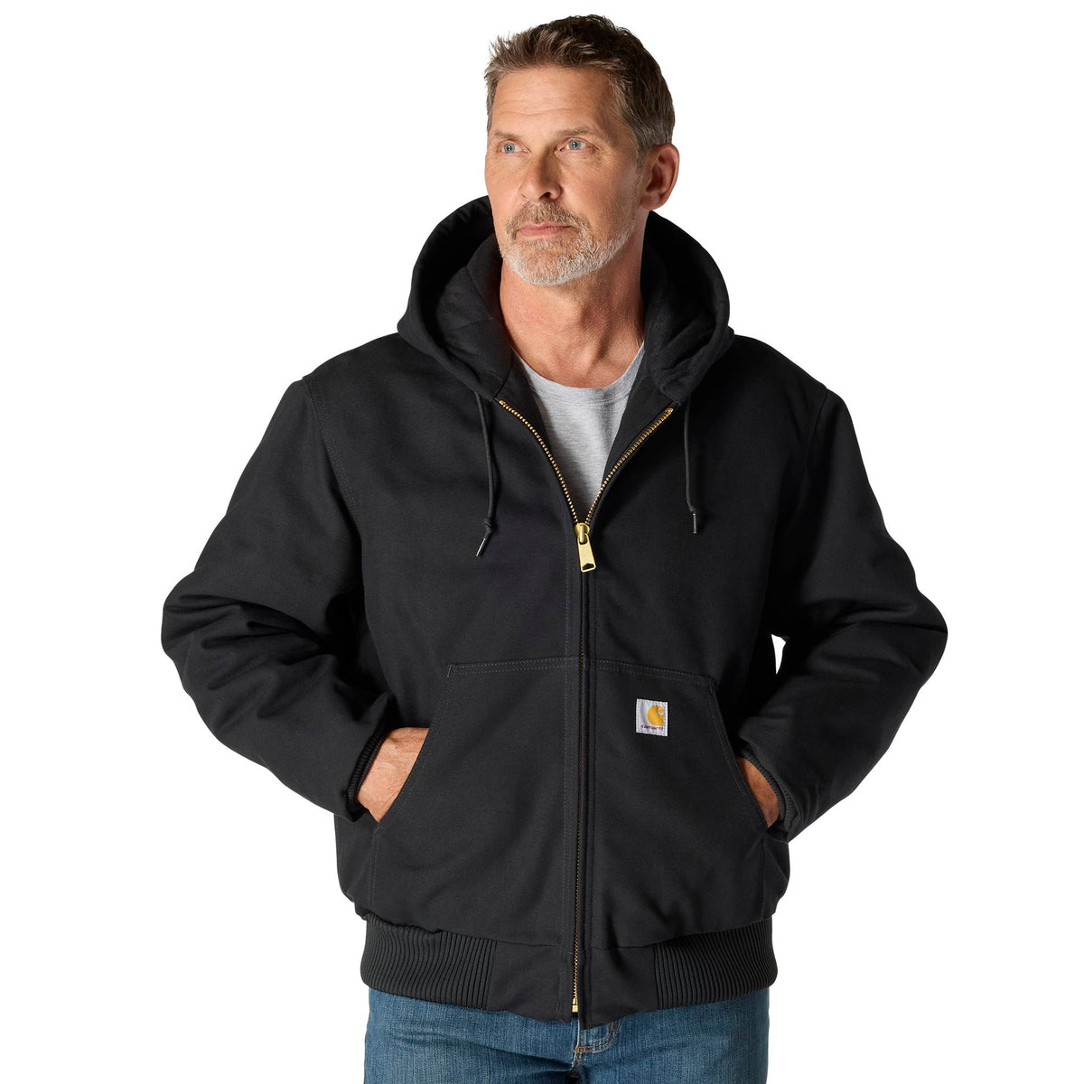 Carhartt Men's Flannel Lined Firm Duck Zip Hooded Active Jacket Jackets & Coats Carhartt Black 2XL Reg