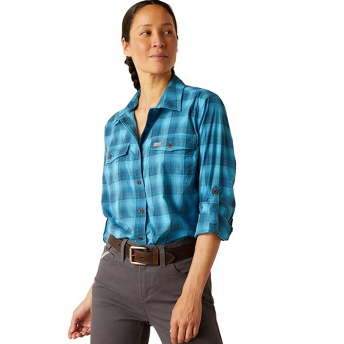 Ariat Women's Rebar Made Tough DuraStretch Button-Down Work Shirt Work Shirts Ariat Prominent Blue Plaid 1XL Plus