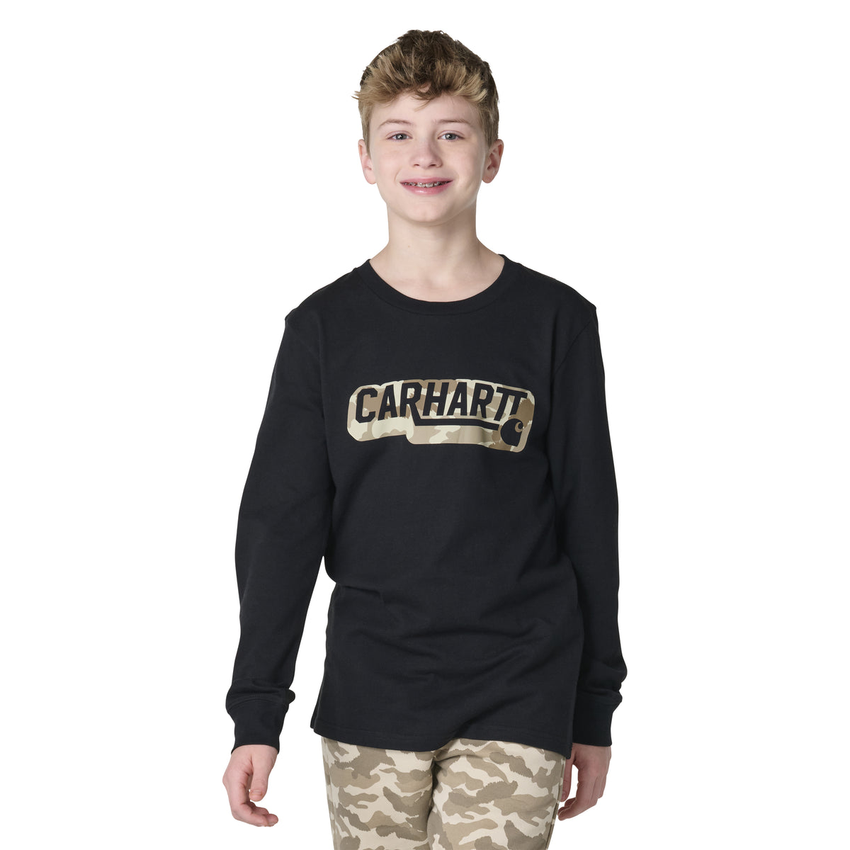 Carhartt Kids' Camo Logo Graphic Long Sleeve T-Shirt Long Sleeve T-Shirts Carhartt Caviar Black 4 Little Kid