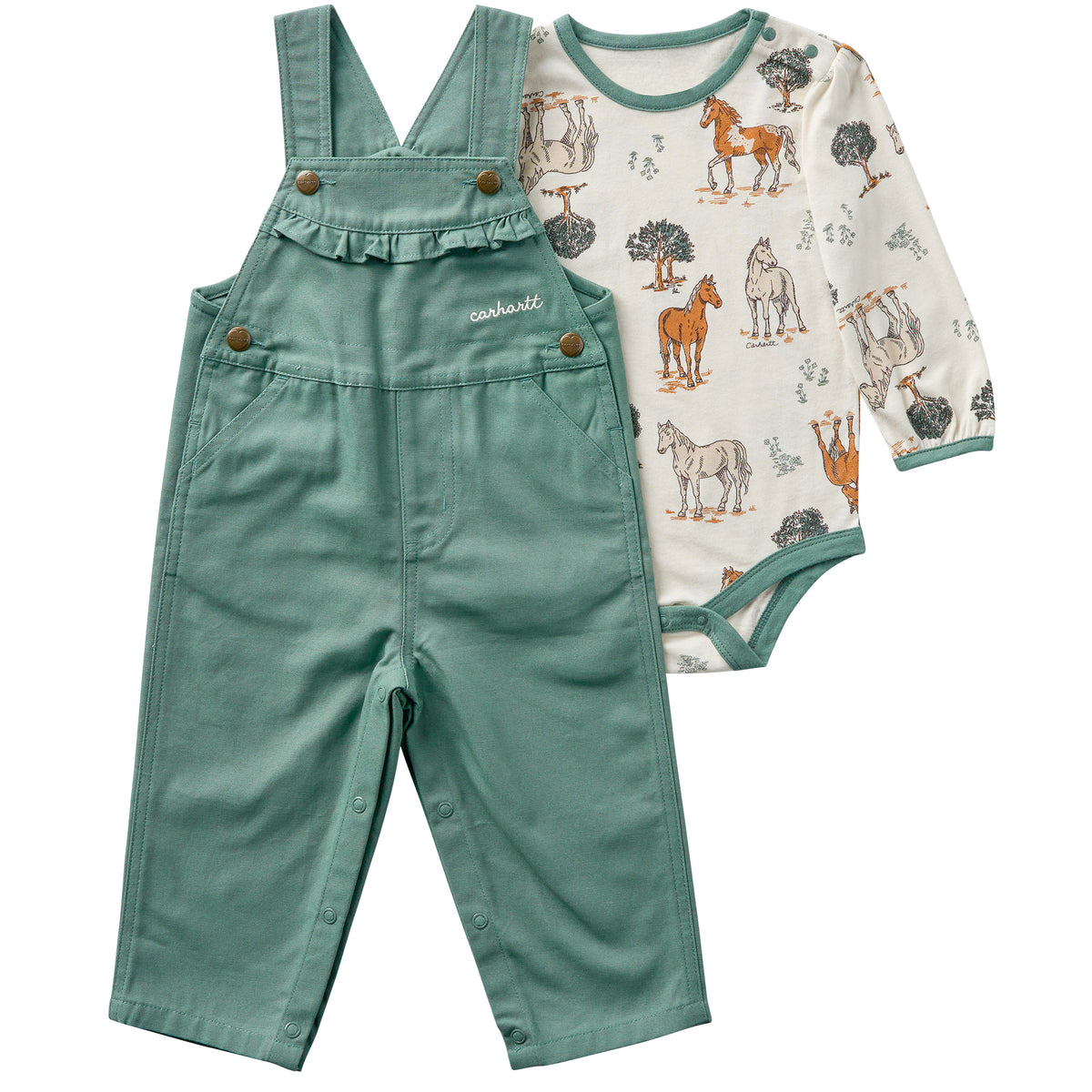 Carhartt Infant Horse Print Long Sleeve Bodysuit + Overall Set Long Sleeve T-Shirts Carhartt Laurel Wreath 12M Infant