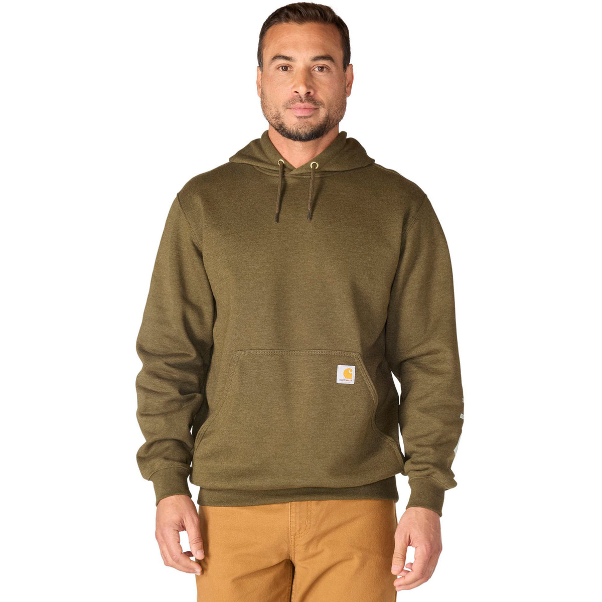Man wearing a green hoodie with a visible brand logo on a white background
