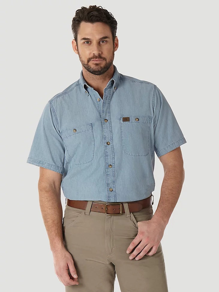 Wrangler Men&#39;s Chambray Short Sleeve Work Shirt - Work World - Workwear, Work Boots, Safety Gear