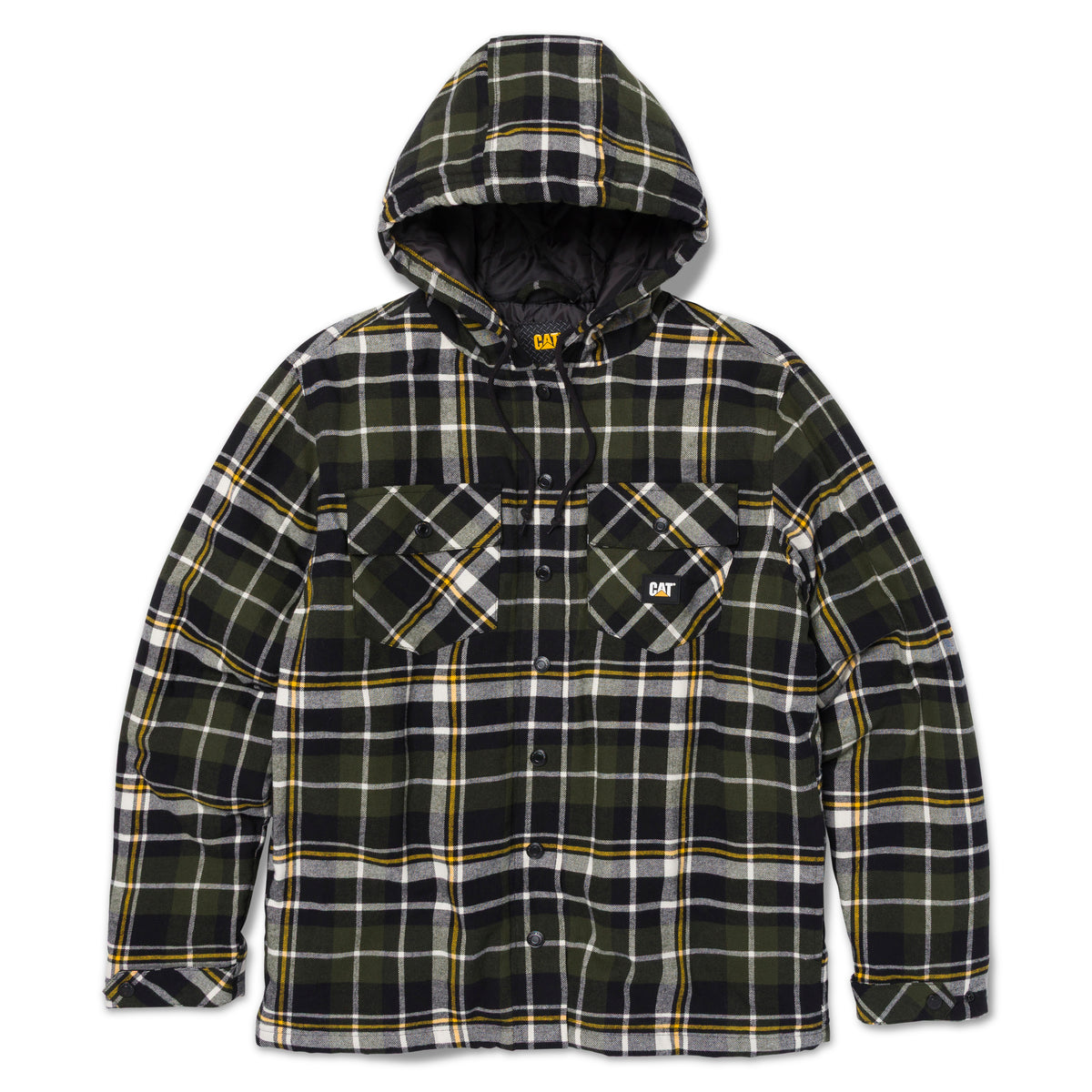 CAT Men's Hooded Flannel Snap-Front Shirt Jac Sweatshirts & Hoodies CAT Black/Forest Green 2XL Reg
