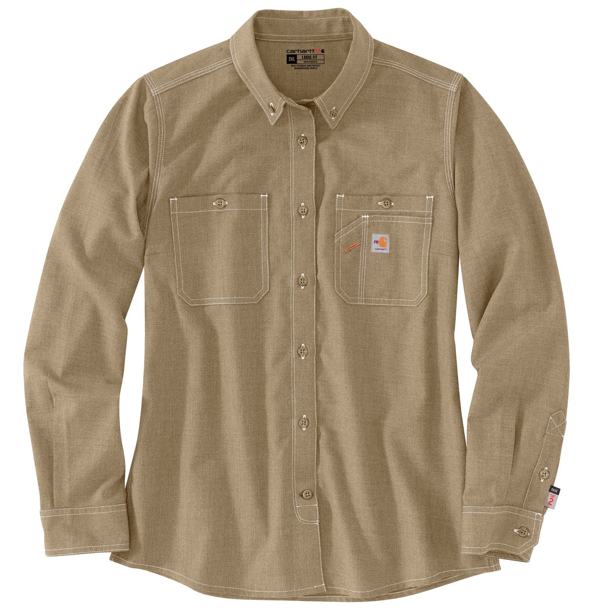 Carhartt Women's Flame Resistant Relaxed Fit Button-Down Work Shirt Work Shirts Carhartt Dark Khaki 2XL Reg