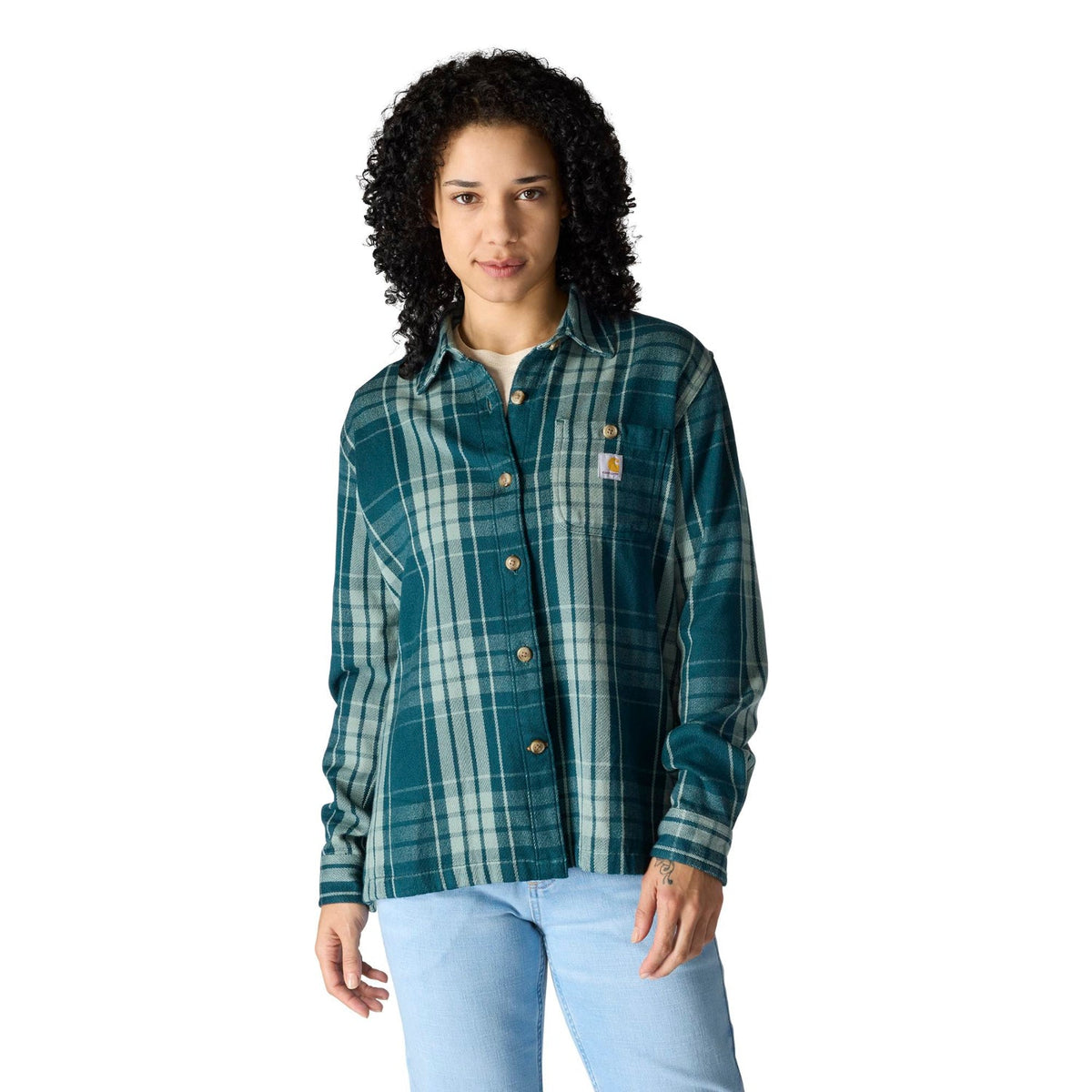 Carhartt Women's TENCEL™ Loose Fit Twill Plaid Long Sleeve Work Shirt Work Shirts Carhartt Greenstone 2XL Reg