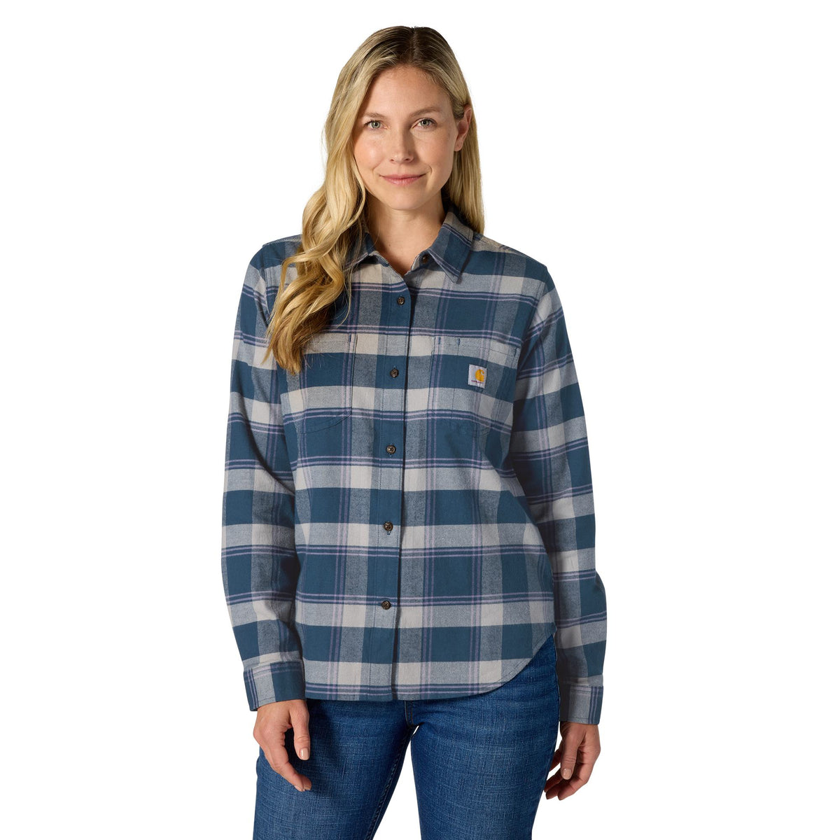 Carhartt Women's Hamilton Relaxed Fit Button-Up Plaid Long Sleeve Work Shirt Carhartt Deep Smoke Blue 2XL Reg