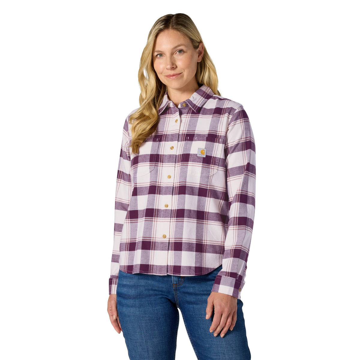 Carhartt Women's Hamilton Relaxed Fit Button-Up Plaid Long Sleeve Work Shirt Carhartt Dark Rose Tint/Eggshell 2XL Reg