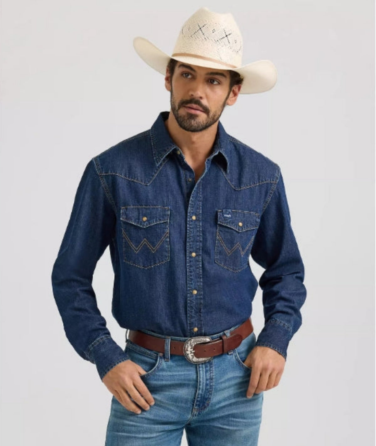 Wrangler Men's Denim Snap-Front Long Sleeve Work Shirt Work Shirts Wrangler Dark Denim 2XL Reg
