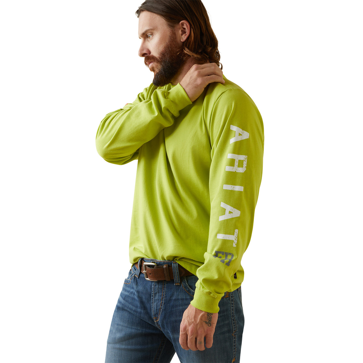 Ariat Men&#39;s Flame Resistant Roughneck Skull Graphic Long Sleeve T-Shirt_Bright Lime - Work World - Workwear, Work Boots, Safety Gear