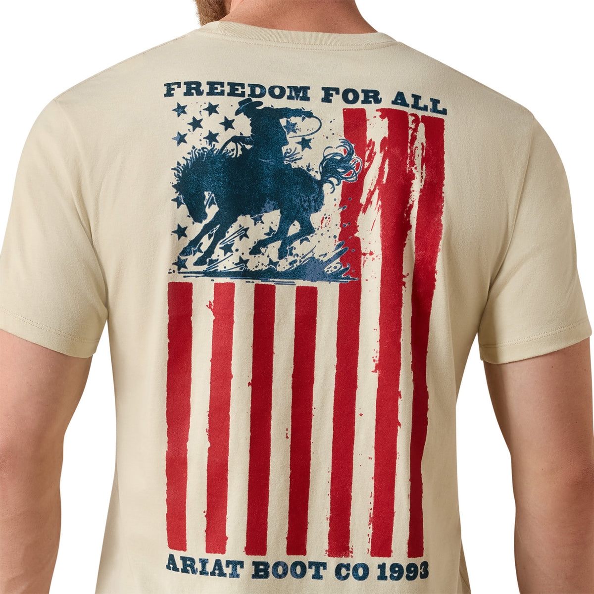 Beige t-shirt with American flag and graphic design on a white background