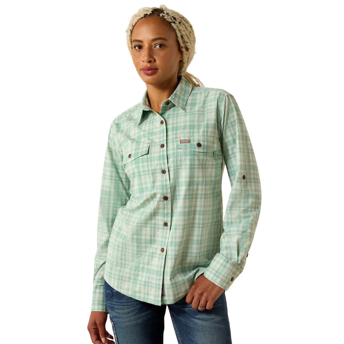 Ariat Women's Rebar Made Tough DuraStretch Work Shirt Work Shirts Ariat Clearly Aqua 1XL Plus