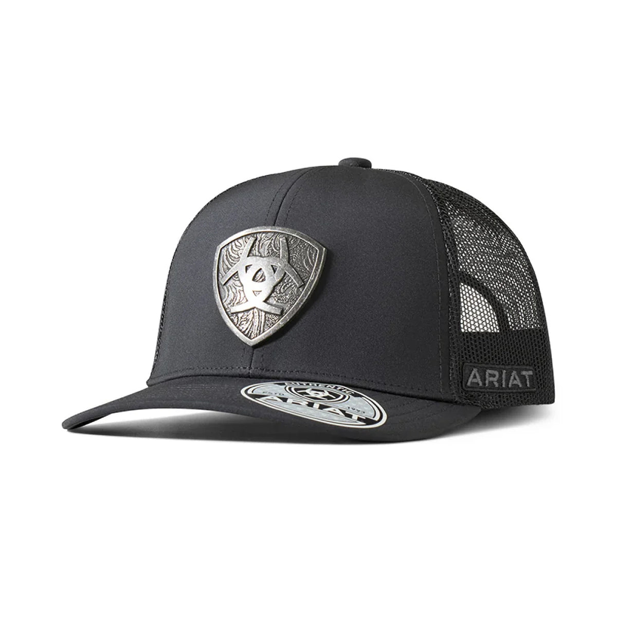 Ariat Engraved Metal Shield Mesh Snap Curved Hats & Caps Ariat Black OS