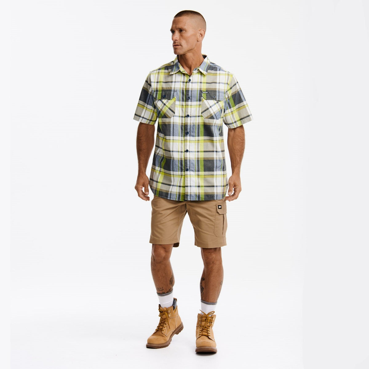 CAT Men's Plaid Button-Downp Short Sleeve Work Shirt Work Shirts CAT Detroit Blue/Bio Lime 2XL Reg
