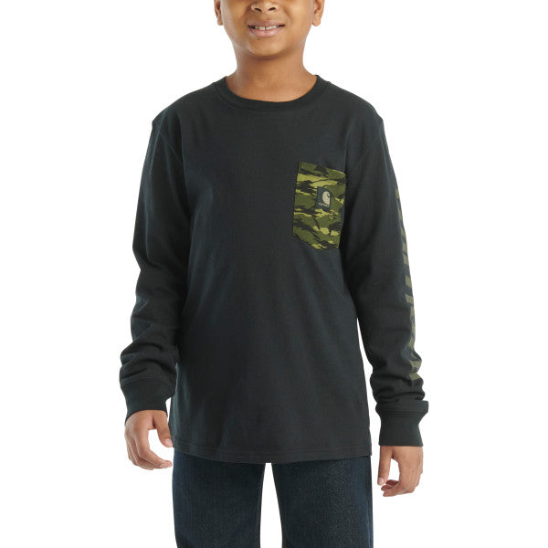 Carhartt Boys' Camo Chest Pocket Logo Long Sleeve T-Shirt Long Sleeve T-Shirts Carhartt Caviar Black 4 Little Kid