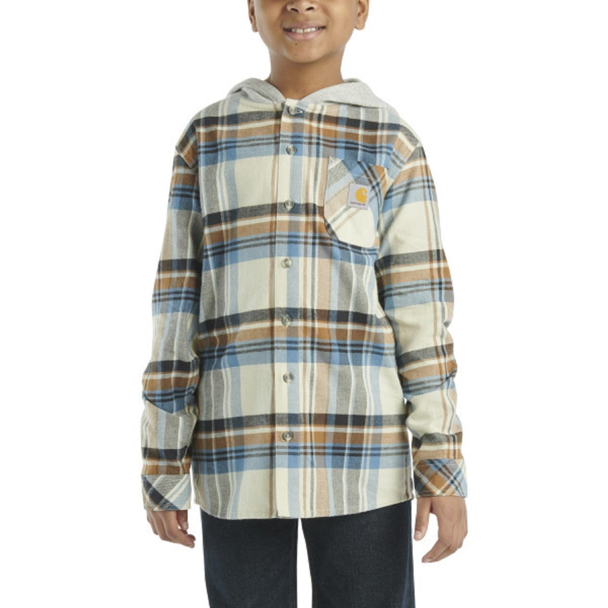 Carhartt Boys' Long Sleeve Flannel Button-Front Hooded Shirt Work Shirts Carhartt Light Beige 4 Little Kid