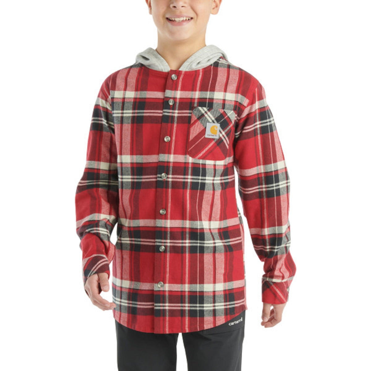 Carhartt Boys' Long Sleeve Flannel Button-Front Hooded Shirt Work Shirts Carhartt Red 4 Little Kid
