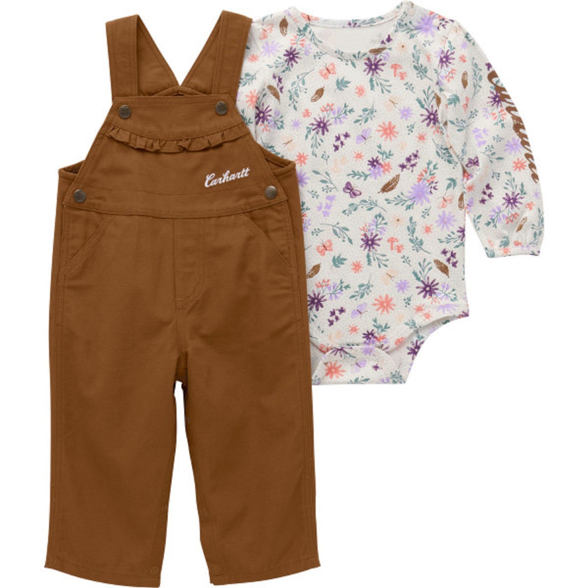 Carhartt Infant Girls' Long Sleeve Bodysuit & Canvas Overall Set Bibs & Overalls Carhartt Brown 12M Infant