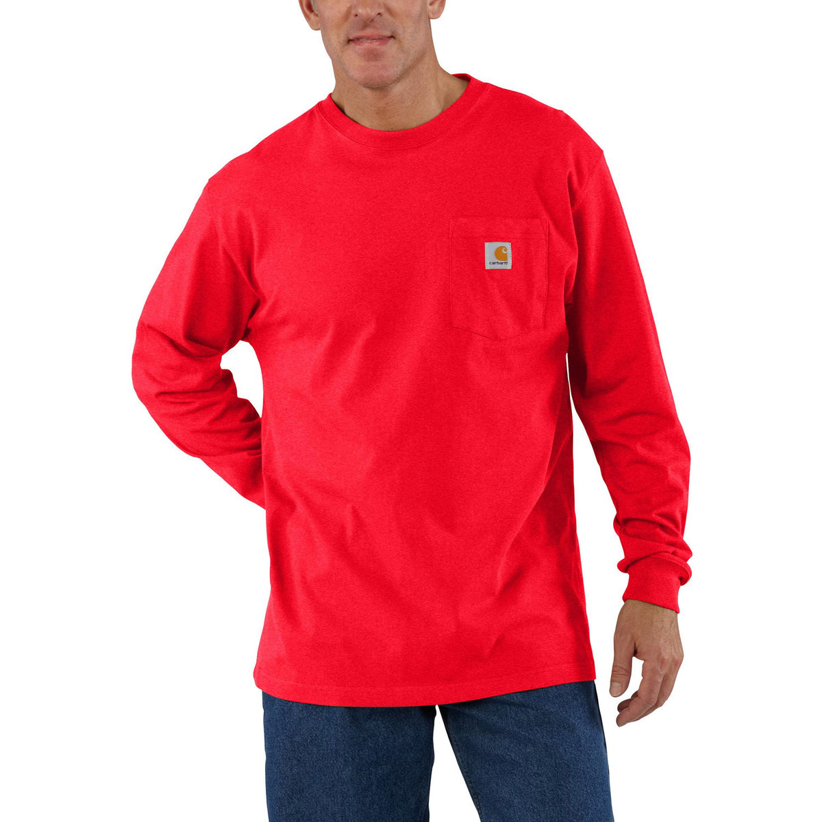 Carhartt Men&#39;s Long Sleeve Pocket T-Shirt_Fire Red Heather - Work World - Workwear, Work Boots, Safety Gear