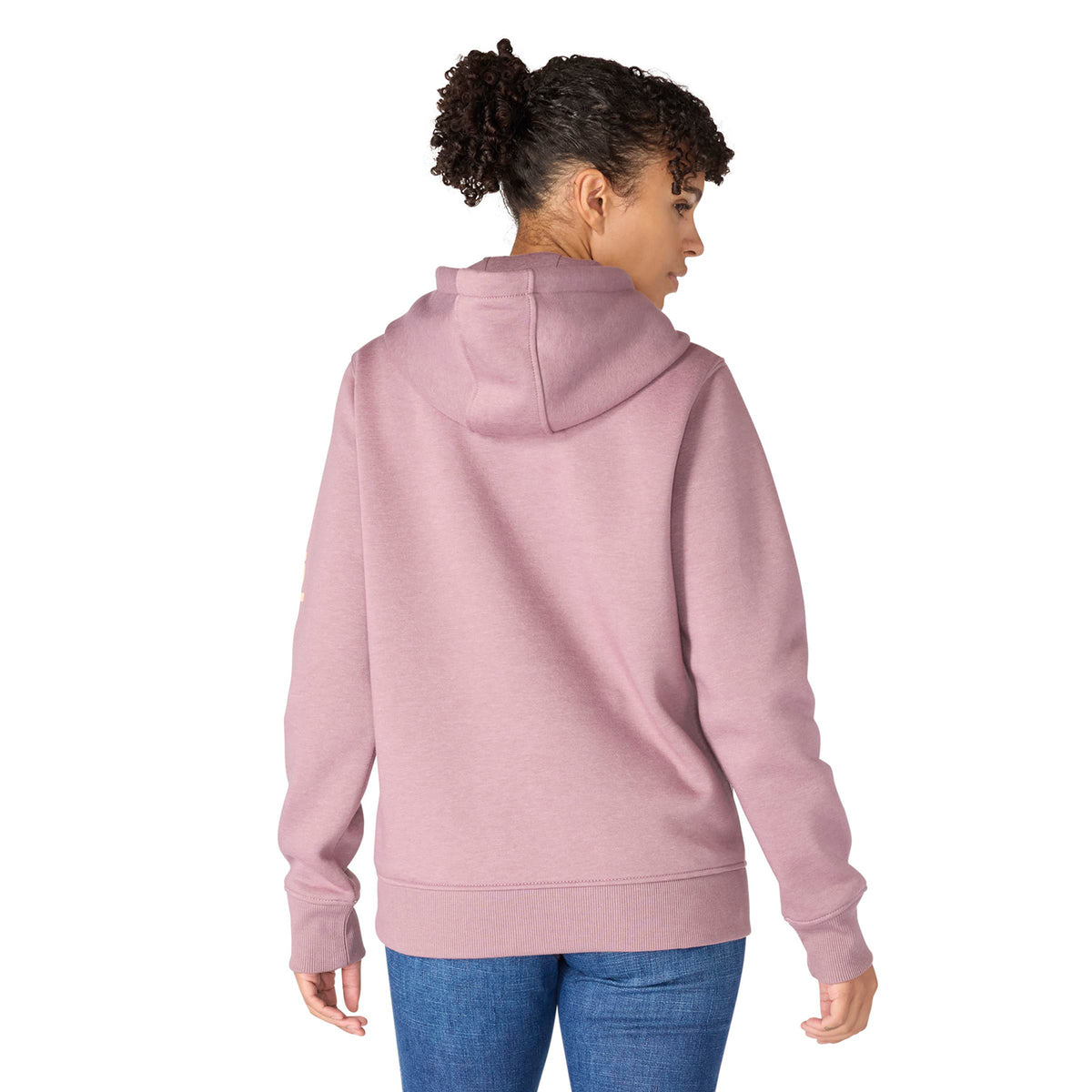 Person wearing a pink hoodie from behind on a white background