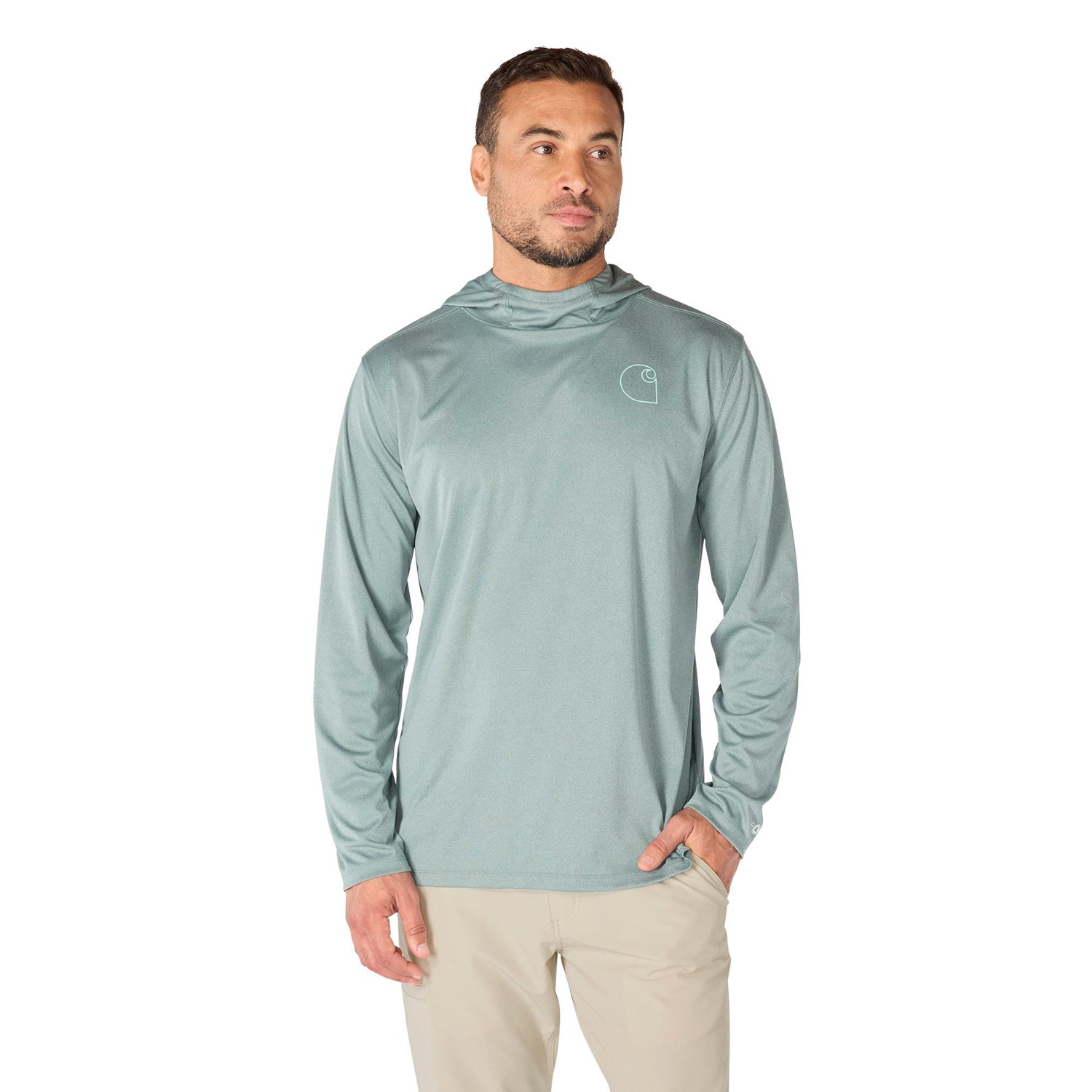 Carhartt Men's Force Sun Defender Hooded Logo Long Sleeve T-Shirt Long Sleeve T-Shirts Carhartt Green Slate Heather 2XL Reg