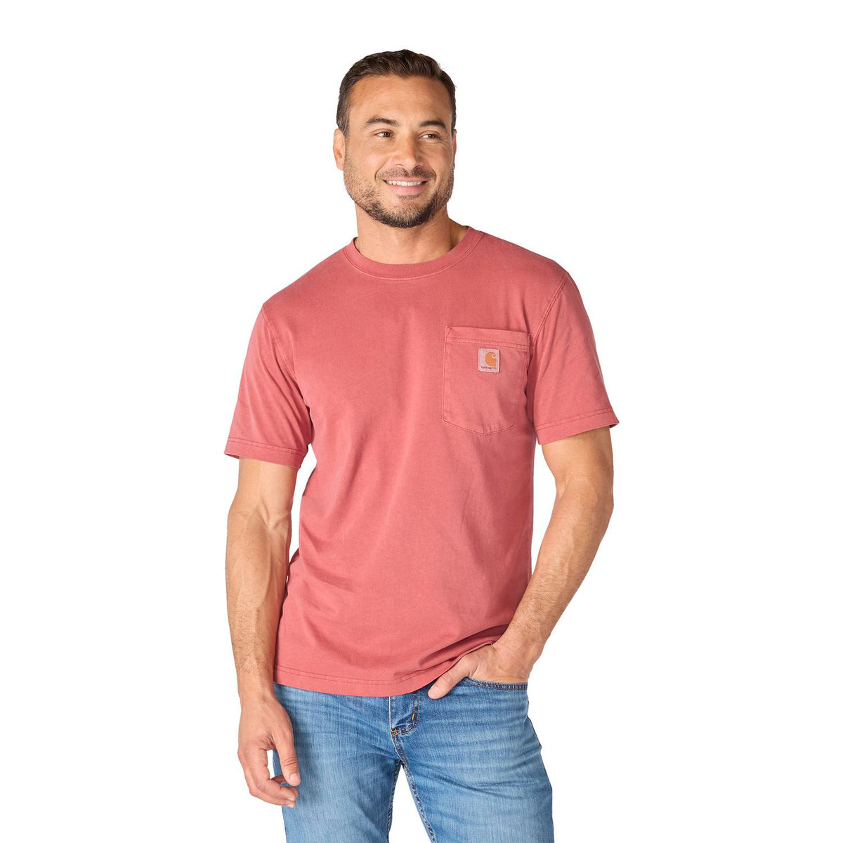 Man wearing a red t-shirt with a pocket on a white background