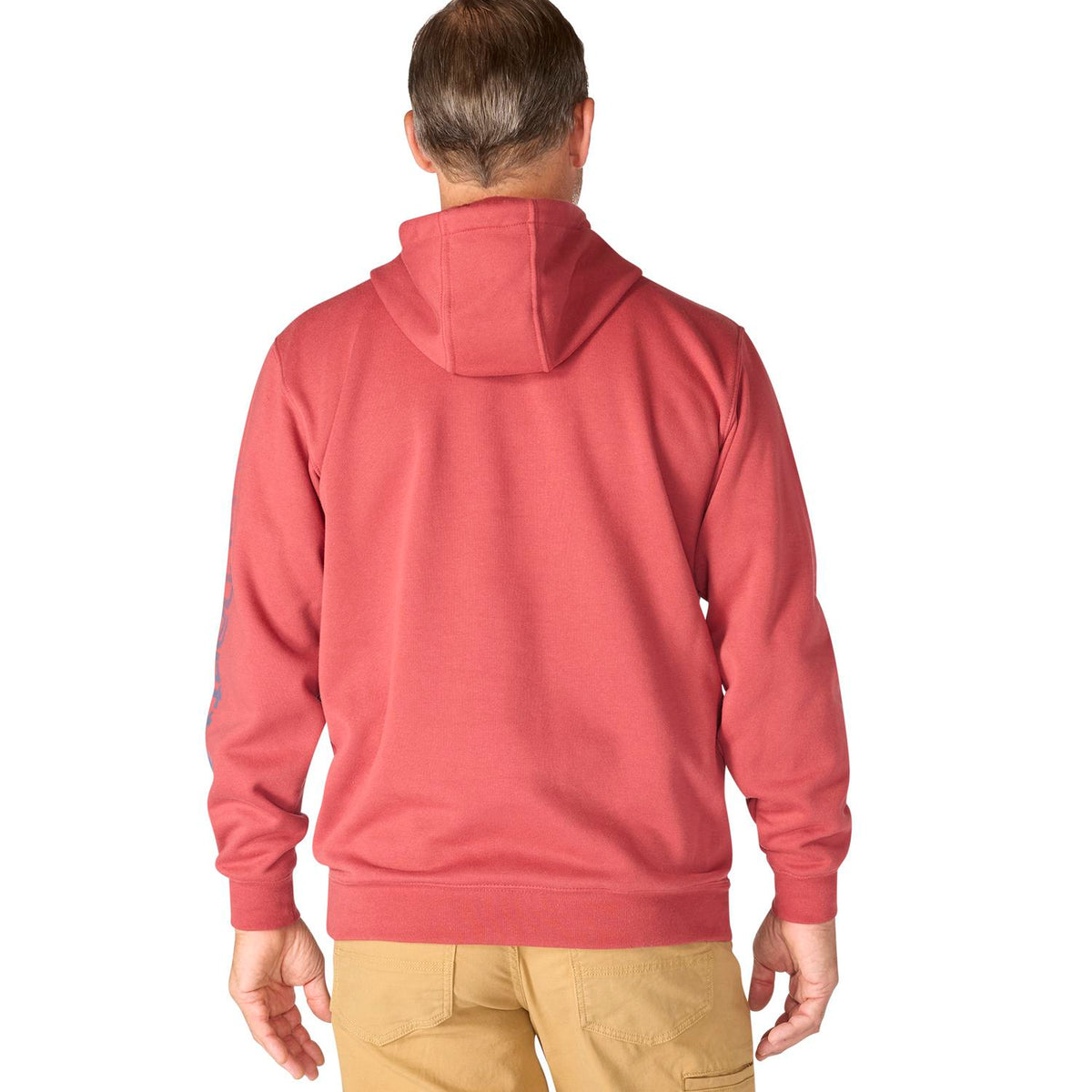 Person wearing a red hoodie from behind on a white background