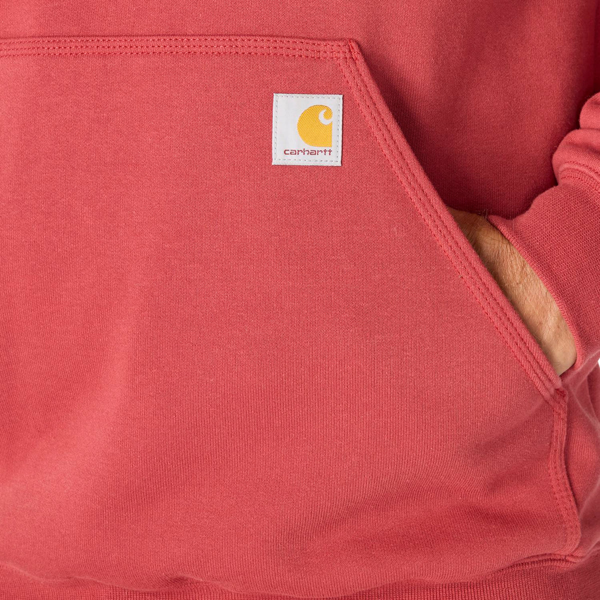 Red hoodie with Carhartt logo on the chest pocket