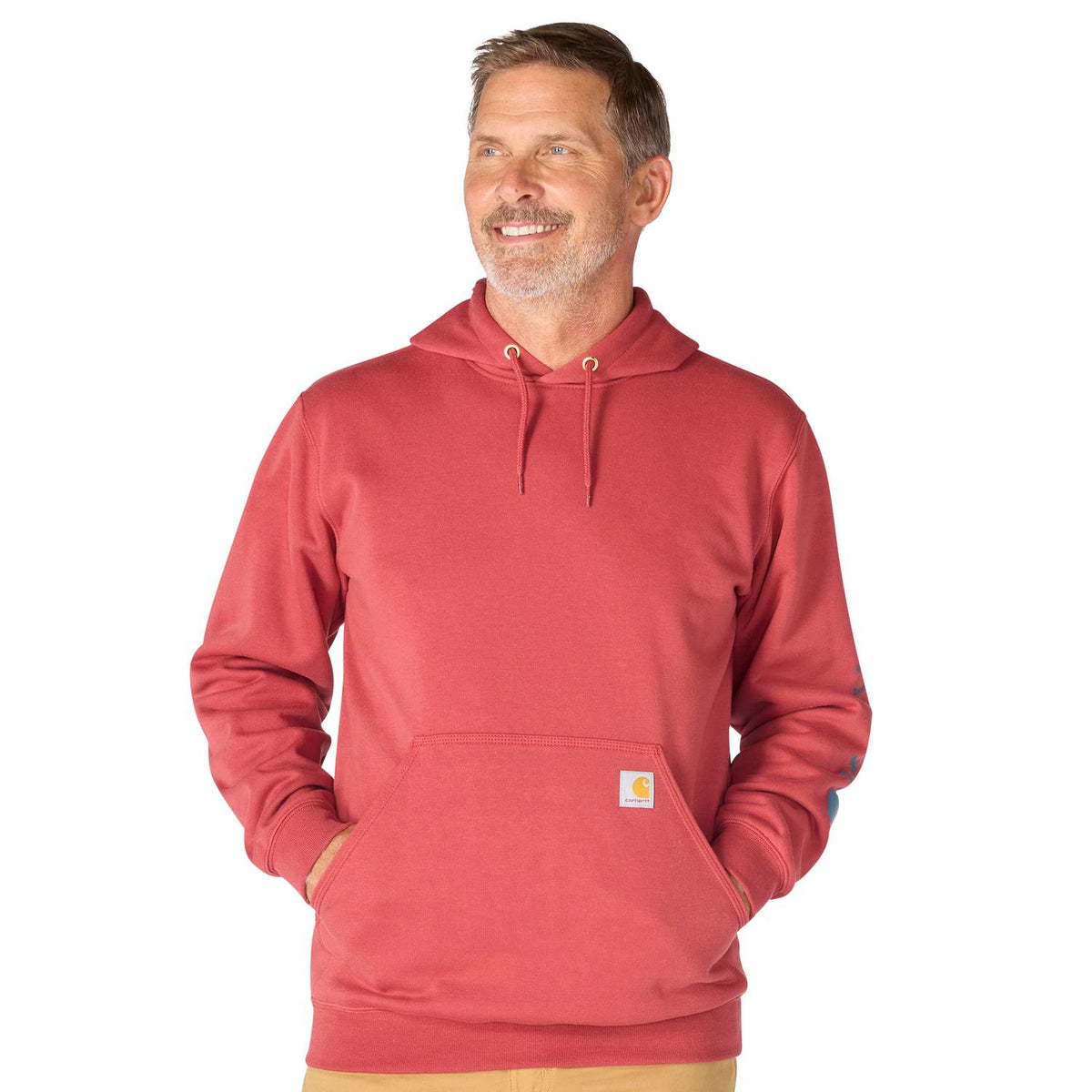 Man wearing a red hoodie with a visible brand logo on a white background