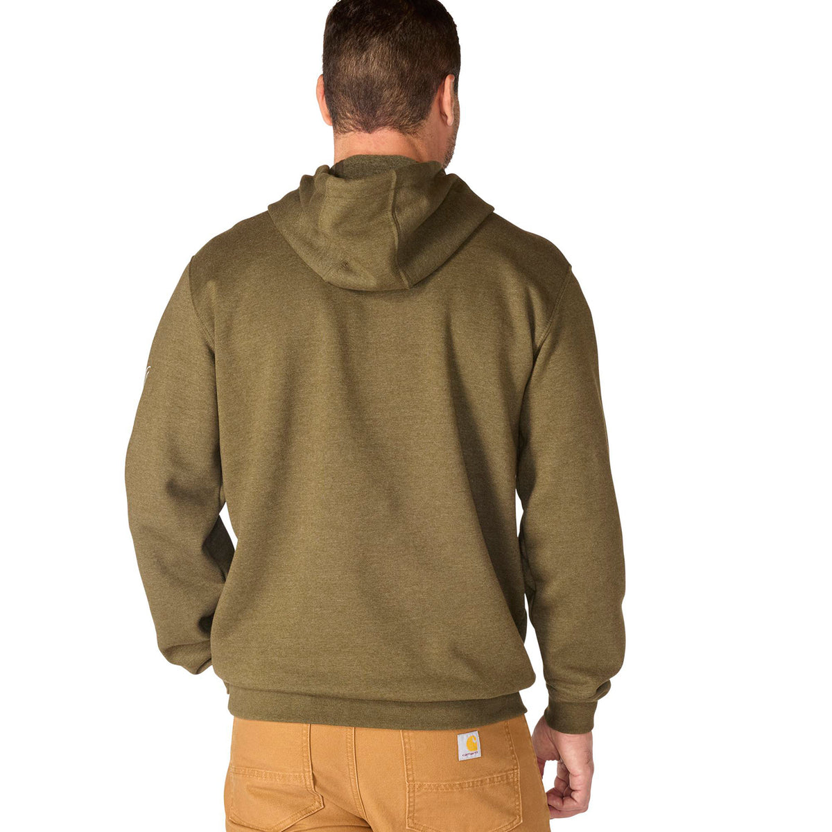 Back of olive hoodie on white background