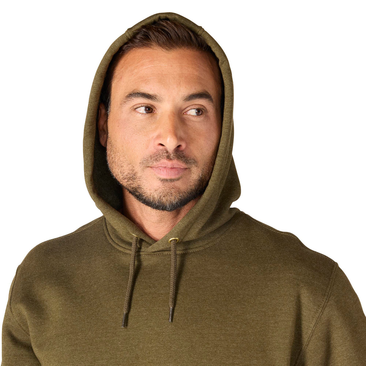 Man wearing a green hoodie on a white background
