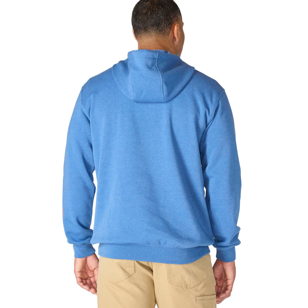 Person wearing a blue hoodie on a white background