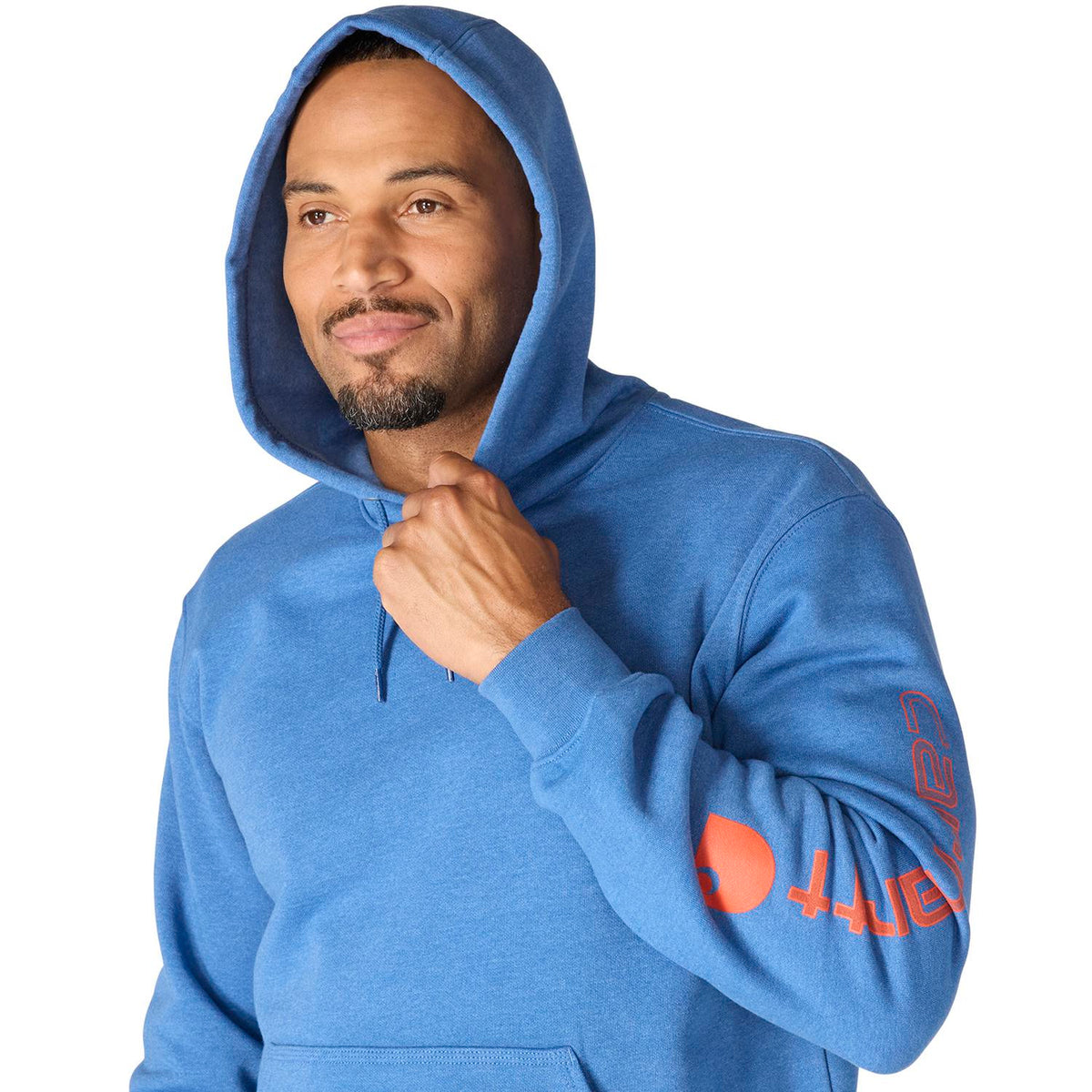 Man wearing a blue hoodie with a brand logo on a white background