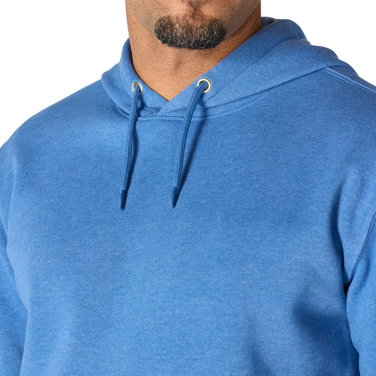 Blue hoodie worn by a person on a white background