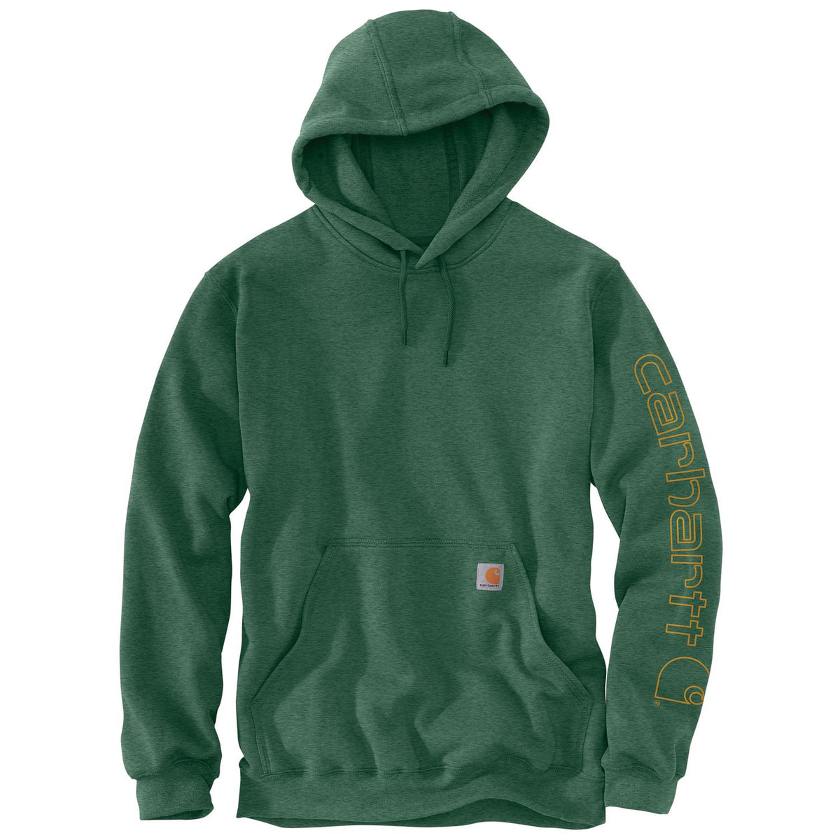 Green hoodie with Carhartt logo on sleeve against a white background