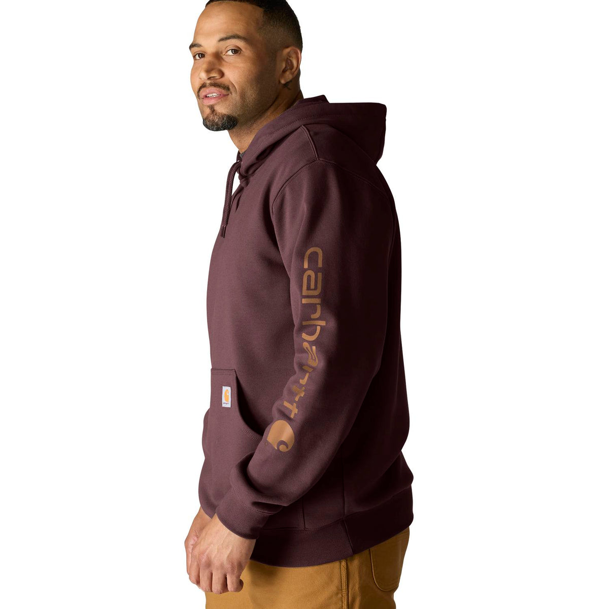 Man wearing a maroon hoodie with a brand logo on a white background
