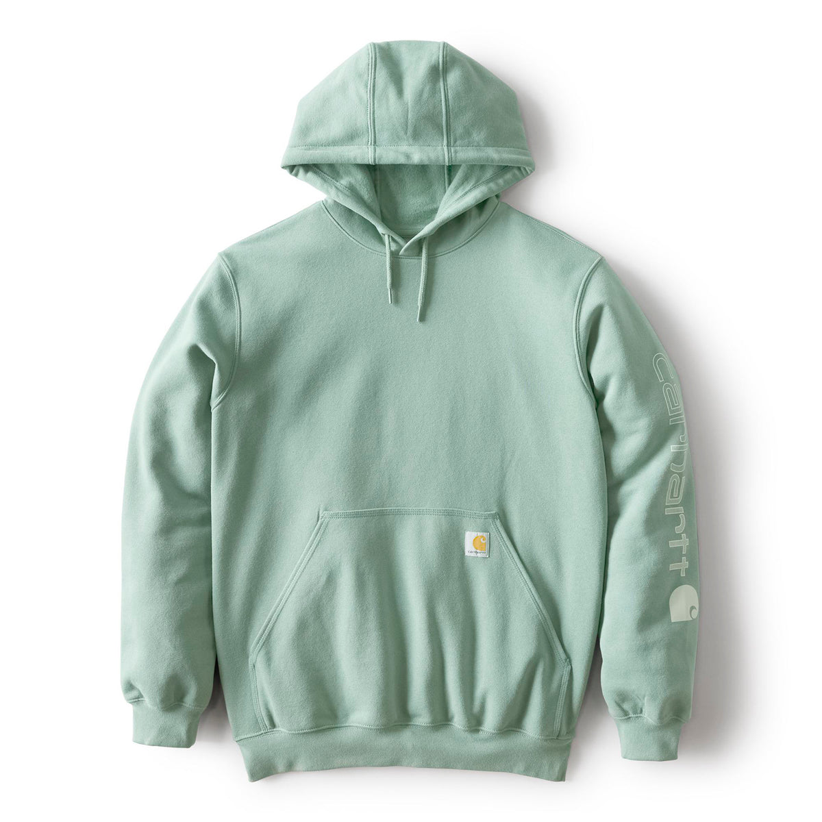 Light green hoodie with brand logo on sleeve against a white background