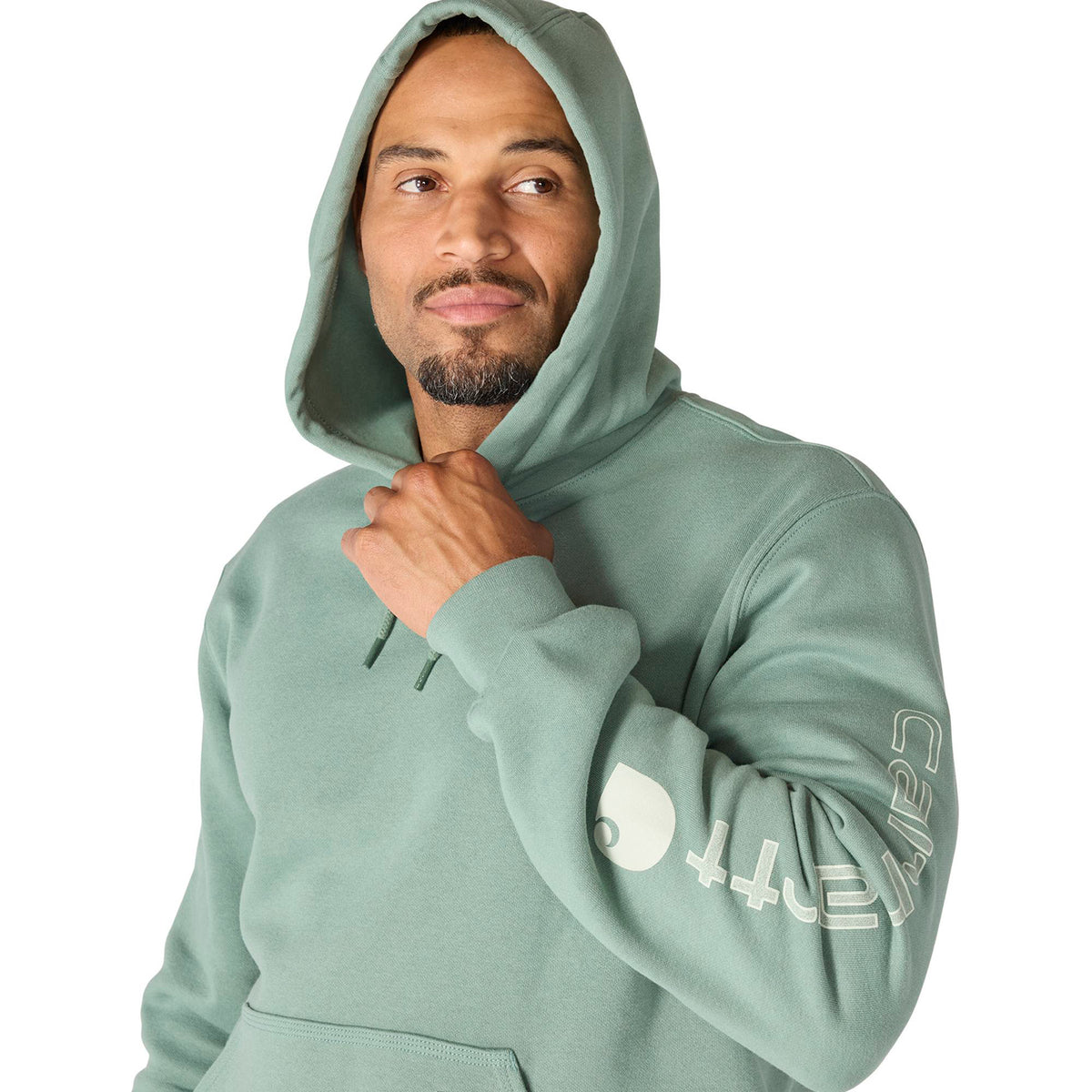 Man wearing a light green hoodie with a brand logo on a white background