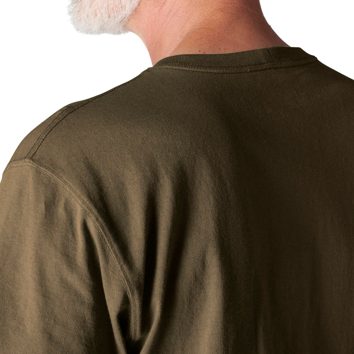 Close-up of a person wearing an olive green shirt on a white background