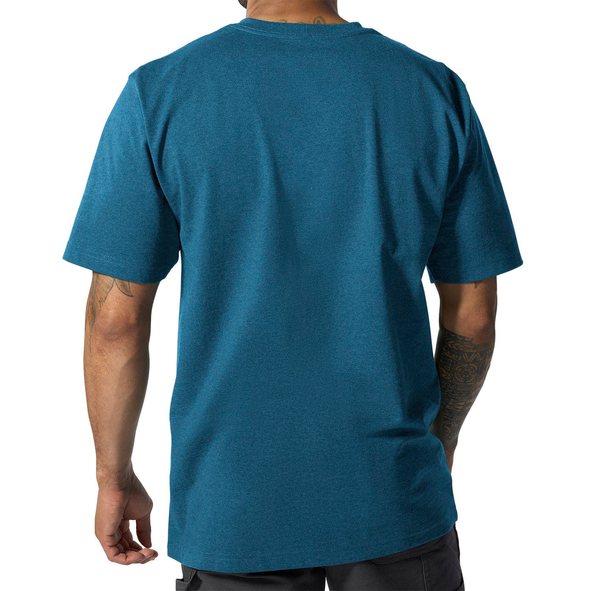 Person wearing a blue t-shirt on a white background