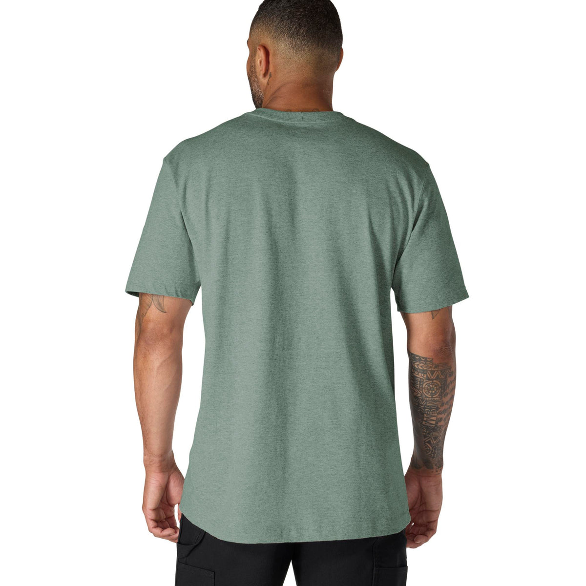 Man wearing a green t-shirt on a white background