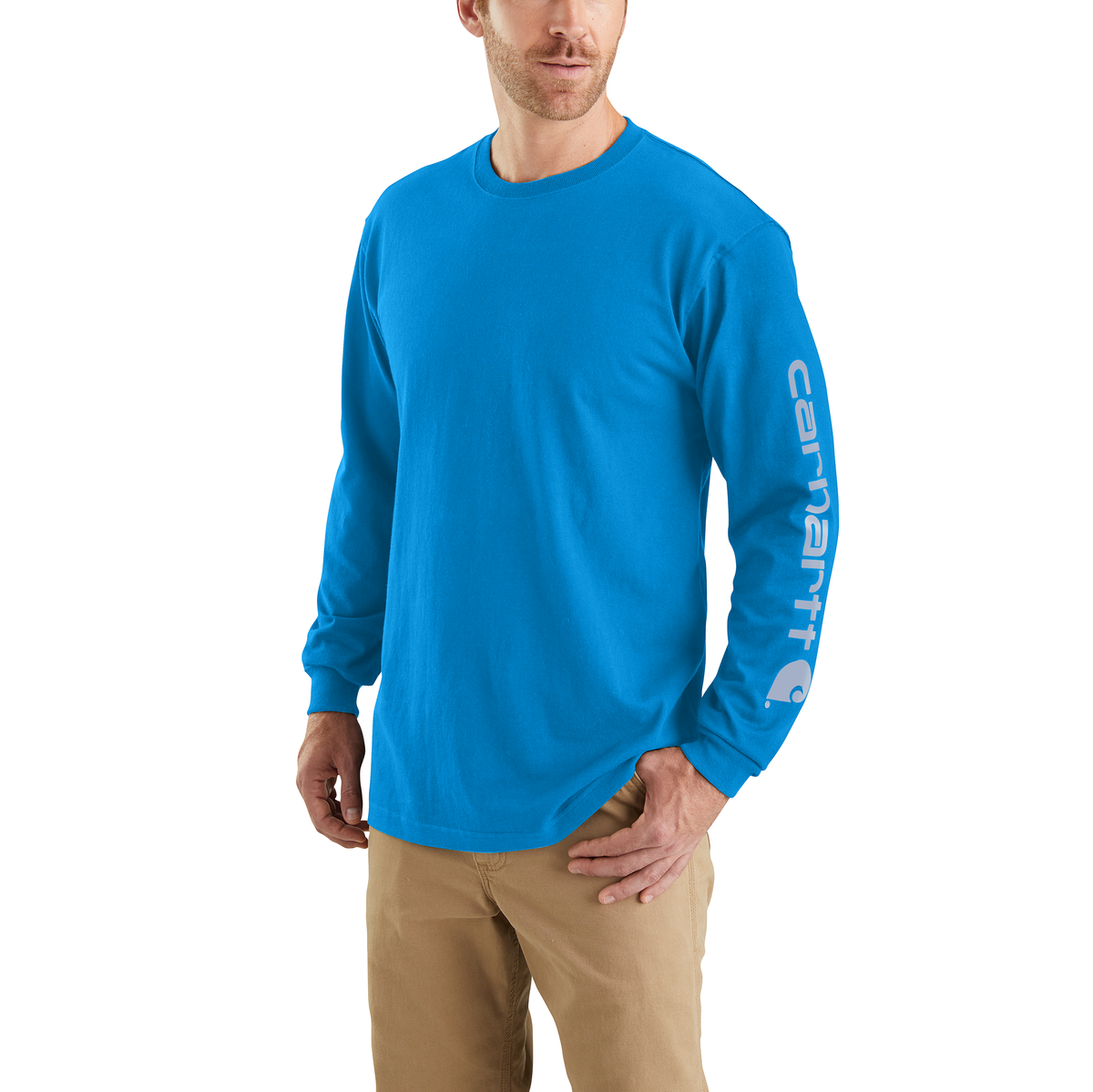 Carhartt Men&#39;s Signature Logo Long Sleeve T-Shirt_Blue Glow - Work World - Workwear, Work Boots, Safety Gear