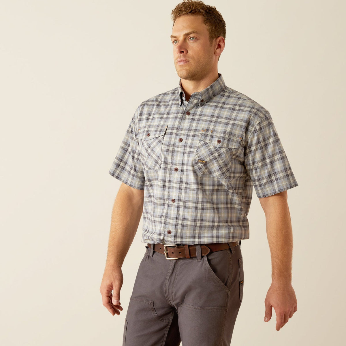 Ariat Men's Made Tough Durastretch Button-Down Short Sleeve Work Shirt Work Shirts Ariat Wild Dove 2XL Reg