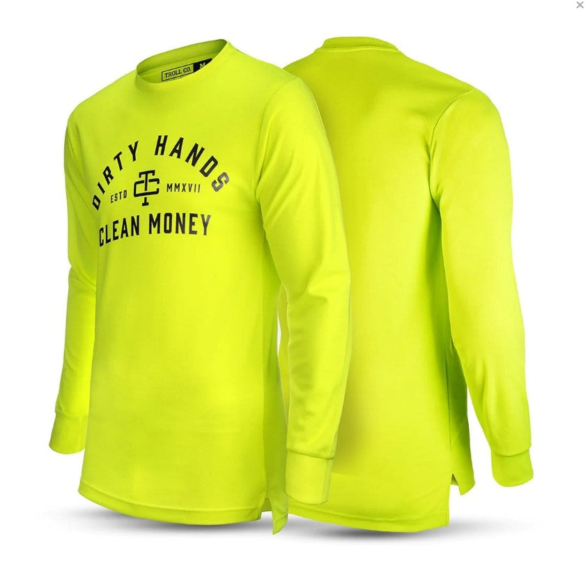 Troll Co. Men&#39;s &quot;Dirty Hands Clean Money&quot; O.G. Long Sleeve Wicking T-Shirt_Bright Lime - Work World - Workwear, Work Boots, Safety Gear