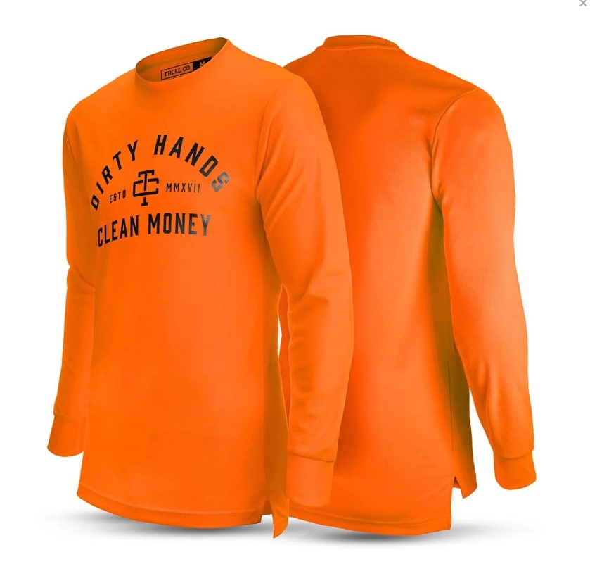 Troll Co. Men&#39;s &quot;Dirty Hands Clean Money&quot; O.G. Long Sleeve Wicking T-Shirt_Bright Orange - Work World - Workwear, Work Boots, Safety Gear