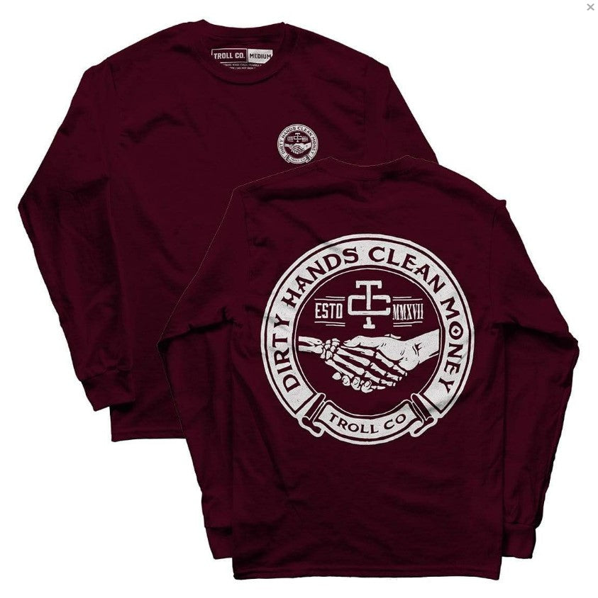 Troll Co. Men&#39;s Haggler &quot;Dirty Hands Clean Money&quot; Graphic Long Sleeve T-Shirt_Maroon - Work World - Workwear, Work Boots, Safety Gear