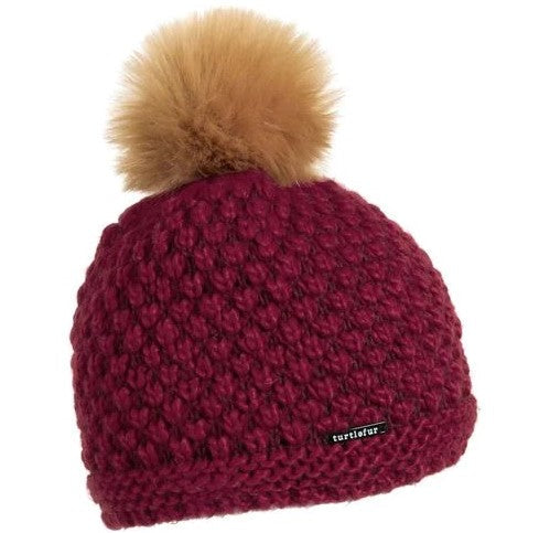 Turtle Fur Women's Snowfall Sherpasoft Interior Lined Faux Fur Pom Knit Beanie Hats & Caps Turtle Fur Wine OS