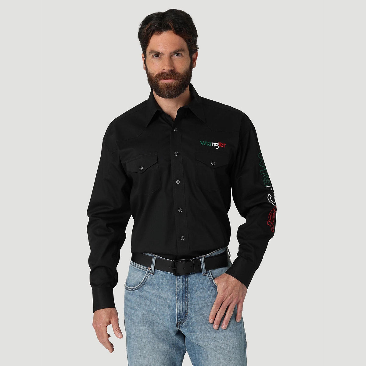 Wrangler® Men&#39;s Western Mexico Logo Snap-Front Long Sleeve Work Shirt - Work World - Workwear, Work Boots, Safety Gear