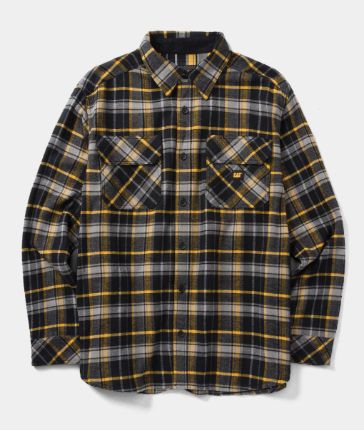 CAT Men's Buffalo Check Heavyweight Button Down Overshirt Work Shirts CAT Black/Mustard Yellow 2XL Reg