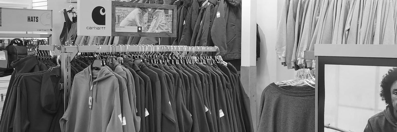 Store display of the Carhartt brand in Work World Fresno. 