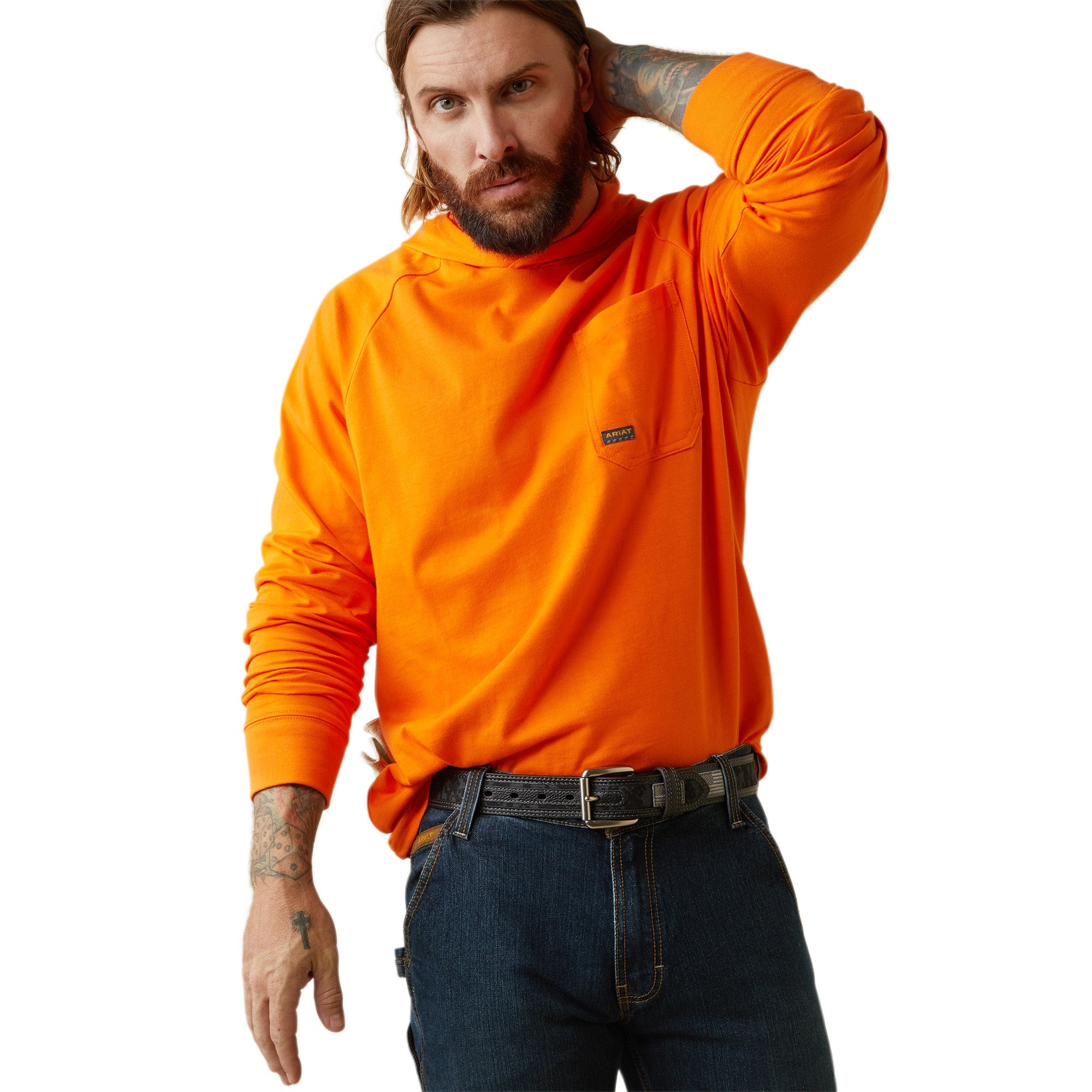 Ariat Men's Rebar Cotton Strong Hooded Long Sleeve T-Shirt_Bright Orange - Work World - Workwear, Work Boots, Safety Gear
